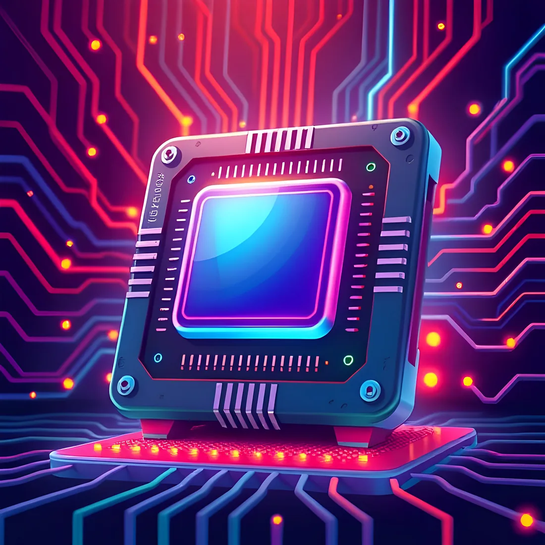 Stylized processor on a glowing circuit board representing system tuning