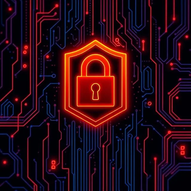 A glowing padlock shield over a circuit board representing an encrypted, hardened connection