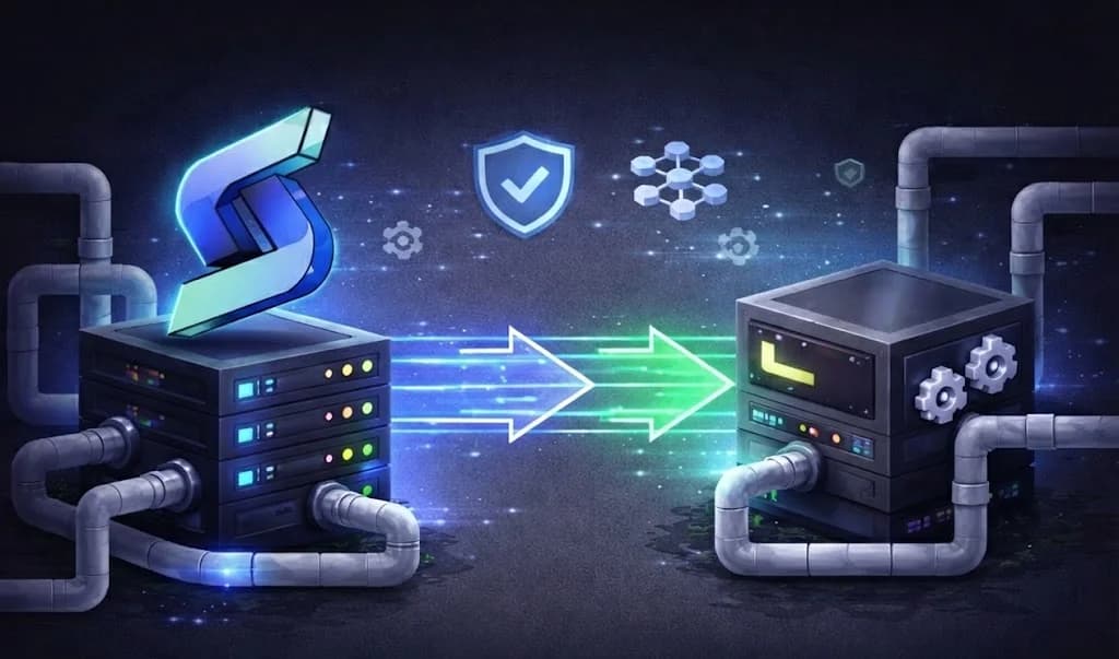 Two servers connected by a pipeline with an arrow flowing between them